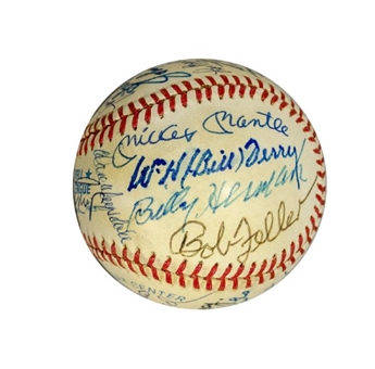 Hall Of Fame Signed Ball (24 Signatures Including Mantle, Williams, Gomez, and Greenberg)